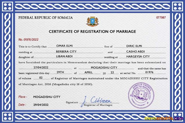 Somalia marriage certificate